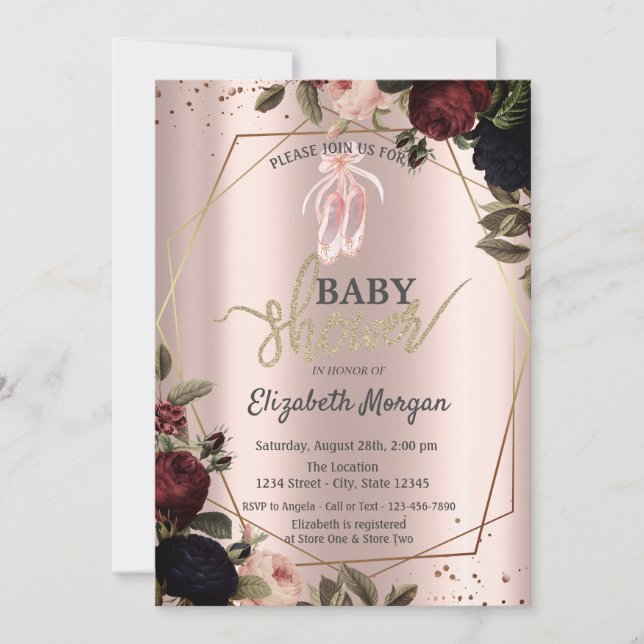 Mörk Flowers Ballet Shoes Ro Guld Baby Shower Inbjudningar (Framsida)