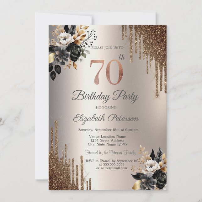 Mörk Flowers Glitter Drips Ivory 70 Birthday Inbjudningar (Framsida)