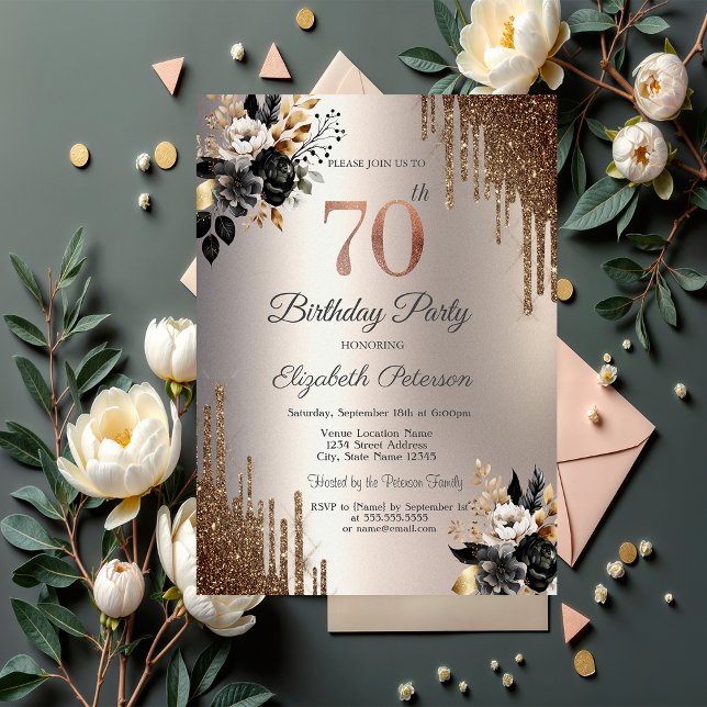 Mörk Flowers Glitter Drips Ivory 70 Birthday Inbjudningar (Skapare uppladdad)