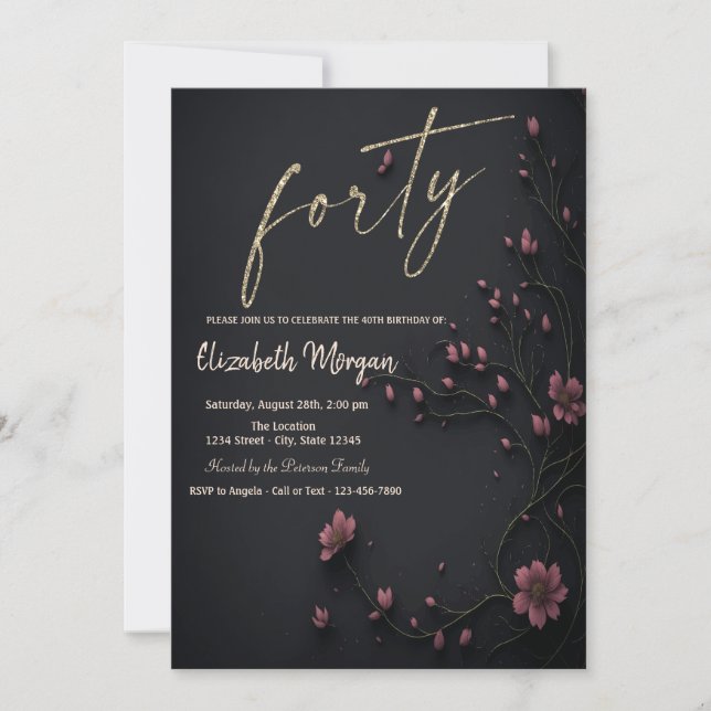 Mörk Flowers Gothic 40:e födelsedagen Inbjudningar (Framsida)