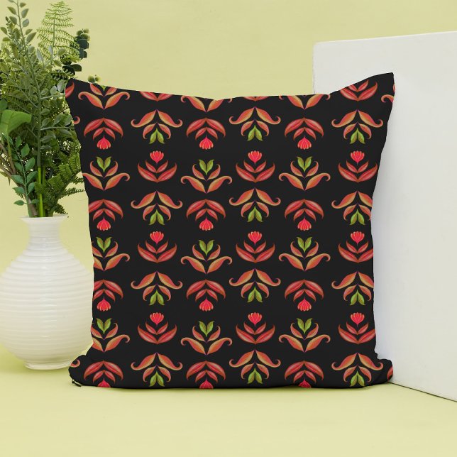 Mörk Folk Art Blommigt Skriv ut Mysigt Rustic Blac Kudde (Skapare uppladdad)