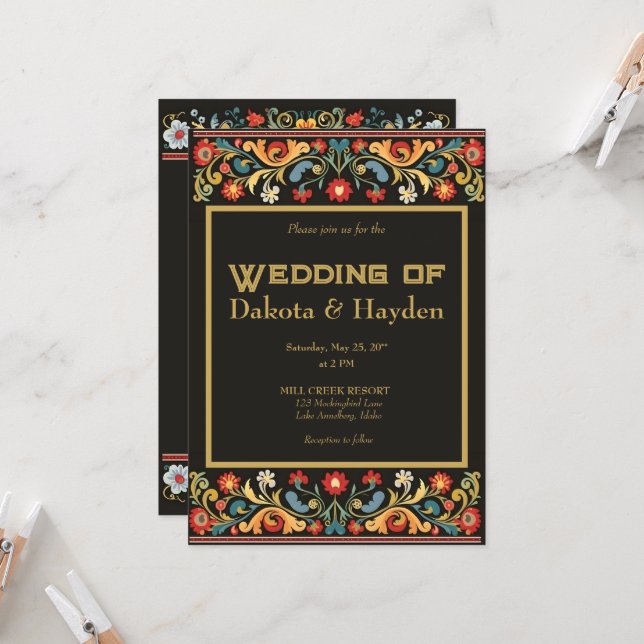 Mörk folkkons bröllopsinbjudan, guld-skript inbjudningar (Fram/Back In Situ)
