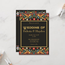 Mörk folkkons bröllopsinbjudan, guld-skript