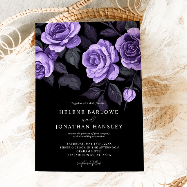 Mörk för Blommigt av moody Lila Ro  Gothic Bröllop Inbjudningar (Moody Purple Roses Floral Dark Gothic Wedding Invitation)