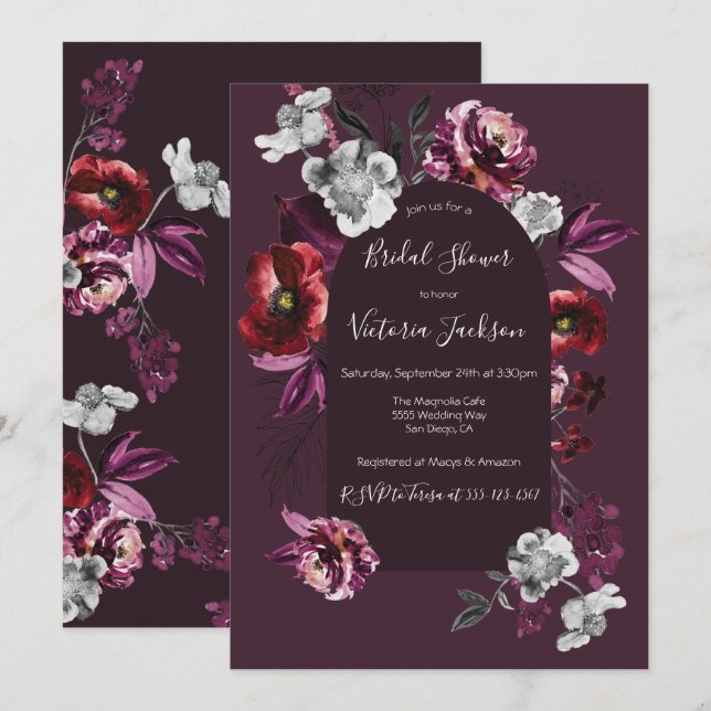 Mörk för djup burgundisk Blommigt och Moody Möhipp Inbjudningar (Fram/baksida)