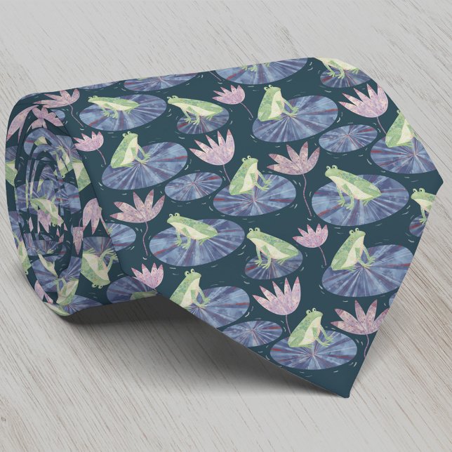 Mörk för grovfärgsfärg slips (Fun frog on lily leaves neck tie for nature and amphibian lovers)