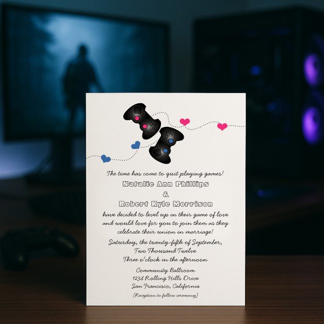 Mörk för inbjudan att bjuda in Geeky Gamers-bröllo (Dark Blue and Pink Geeky Gamers Wedding Invitation)