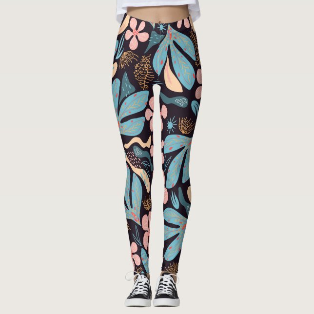 Mörk för korallblått Blommigt Leggings (Framsida)
