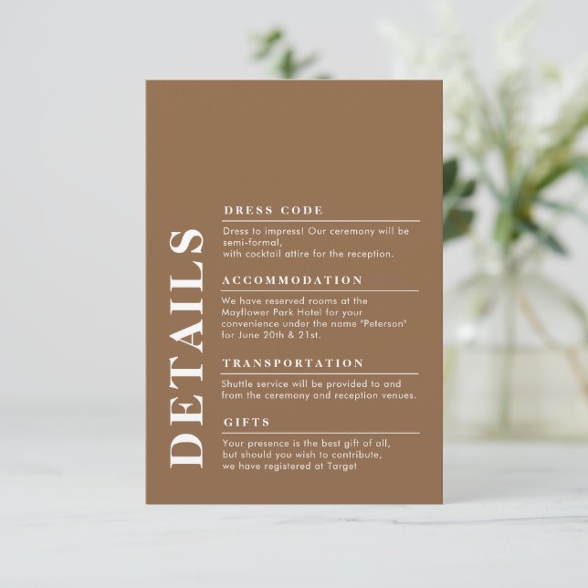 Mörk för modern information om Elegant bröllop Tilläggskort (Stående Fram)