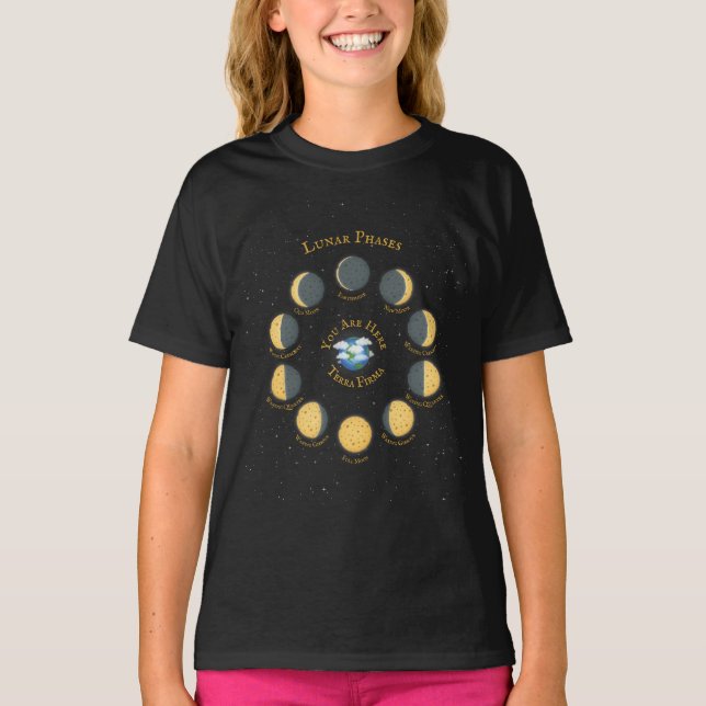 Mörk för ostens Måne Whimsical Lunar Phases Diagra T Shirt (Framsida)