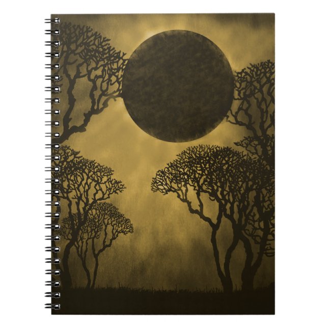 Mörk Forest Eclipse Notebook, Guld Anteckningsbok Med Spiral (Framsidan)