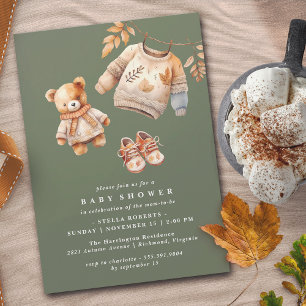 Mörk Forest Grönt Cute Neutralt Autumn Baby Shower Inbjudningar