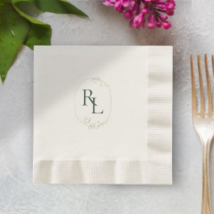 Mörk Forest Grönt Ecru Blommigt Monogram Bröllop Pappersservett