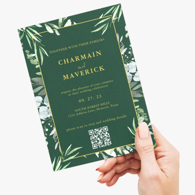 Mörk Forest Grönt Minimal Gräns Text Guld Bröllop Inbjudningar (Skapare uppladdad)