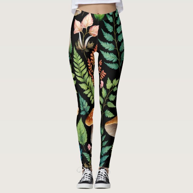 Mörk Forest Mushroom Woodland Mönster Art Leggings (Framsida)