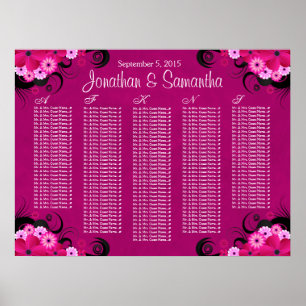Mörk Fuchsia Blommigt Bröllop Bord, sittkartor Poster