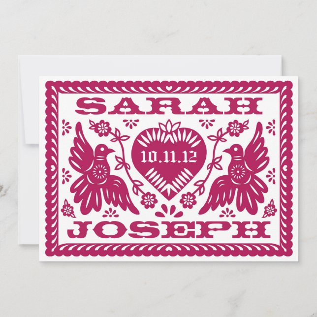 Mörk Fuchsia Papel Picado Stil Love birds Inbjudningar (Baksida)