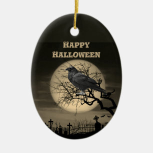 Mörk fullmåne kyrkogård och korp Halloween Julgransprydnad Keramik