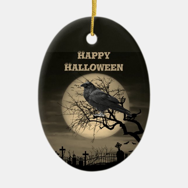 Mörk fullmåne kyrkogård och korp Halloween Julgransprydnad Keramik (Framsidan)