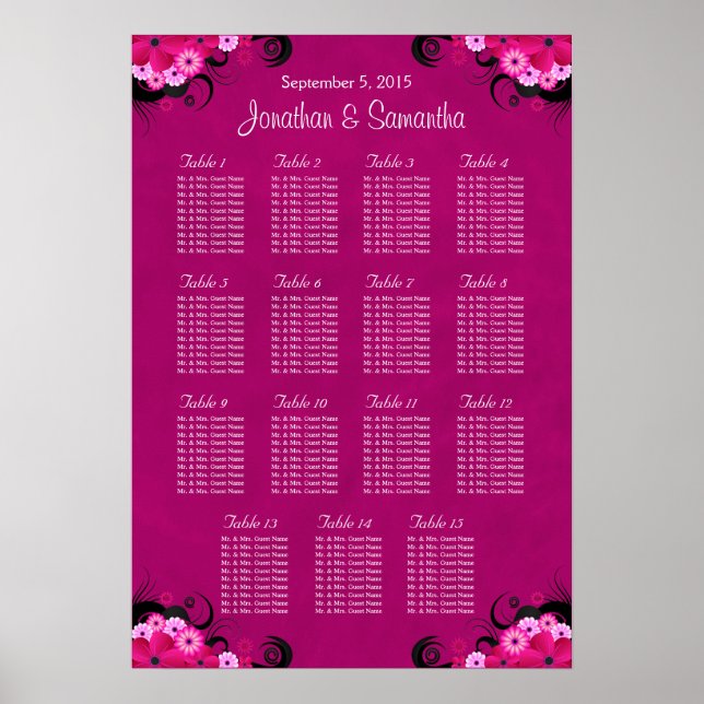 Mörk Fuschia Blommigt Bröllop 15 Bord sätesdiagram Poster (Framsidan)