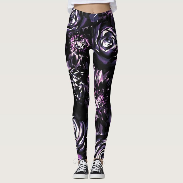 Mörk Garden Bewitching Bold Lila Glam Flowers Leggings (Framsida)