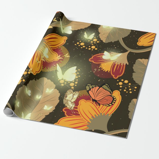 Mörk Garden Flowers och Lighten Butterflies Presentpapper (Utrullad)