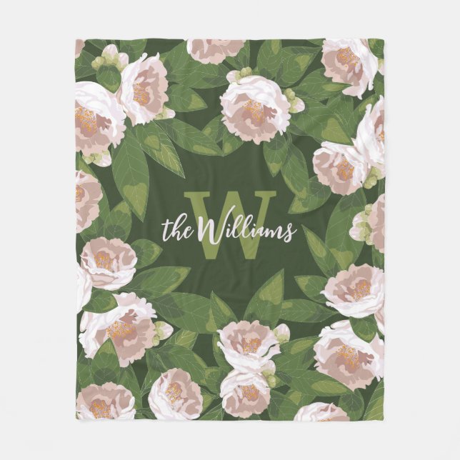 Mörk Garden Harmony: Camellias och Greenery Fleecefilt (Framsidan)