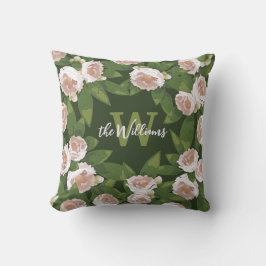 Mörk Garden Harmony: Camellias och Greenery Kudde