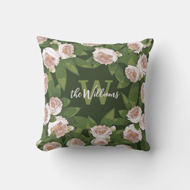 Mörk Garden Harmony: Camellias och Greenery Kudde (Framsida)