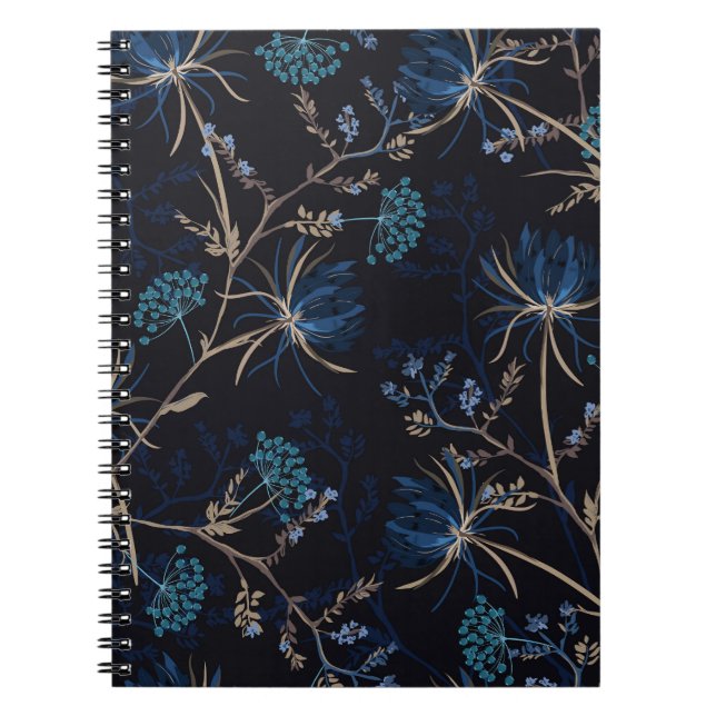 Mörk Garden: Monotone Blue Blommigt Anteckningsbok (Framsidan)