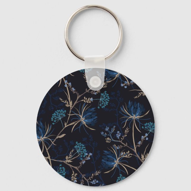 Mörk Garden: Monotone Blue Blommigt Nyckelring (Framsida)