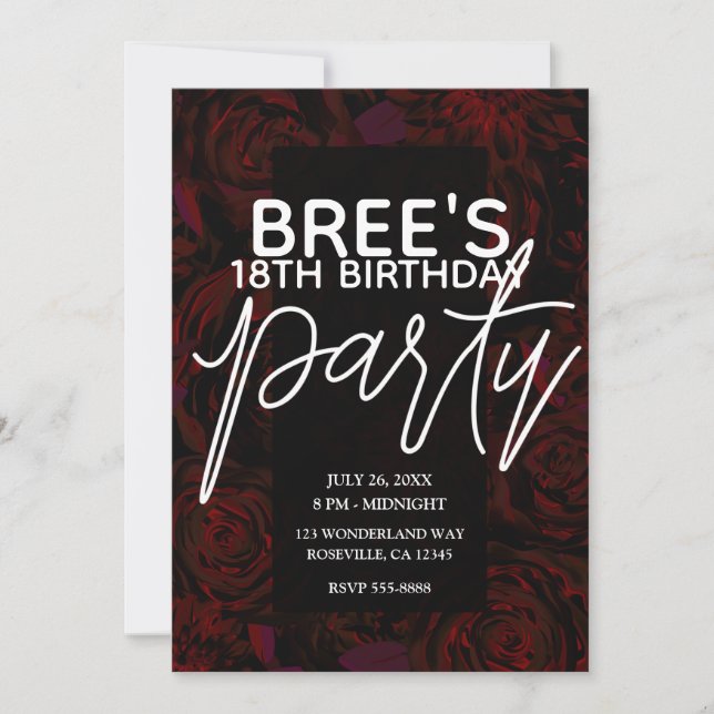 Mörk Garden Red Romantic Flowers Glam Birthday Inbjudningar (Framsida)
