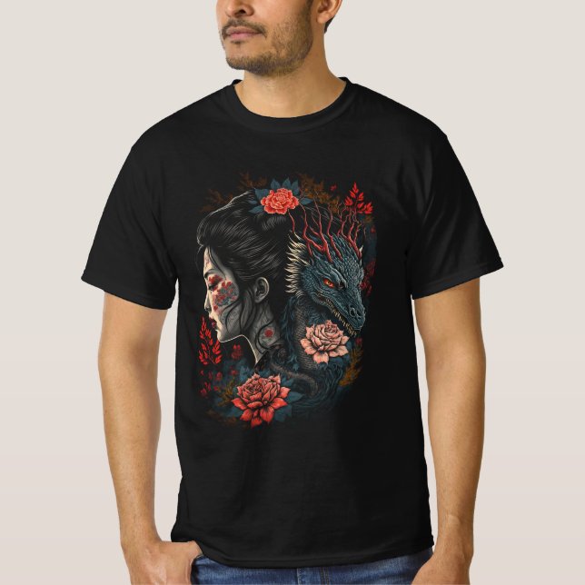 Mörk Geisha & Dragon - Bloom in Shadows T Shirt (Framsida)
