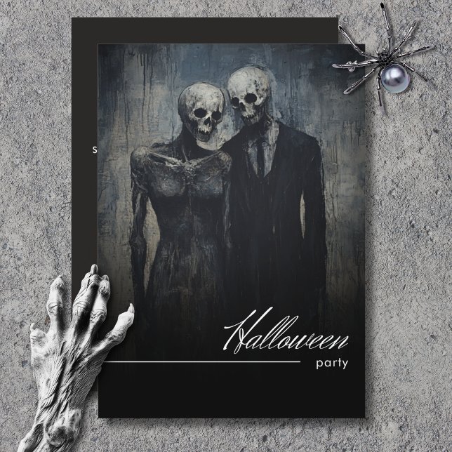 Mörk Ghoulish par Black & White Halloween fest Inbjudningar (Dark Ghoulish Couple Black & White Halloween Party Invitation)