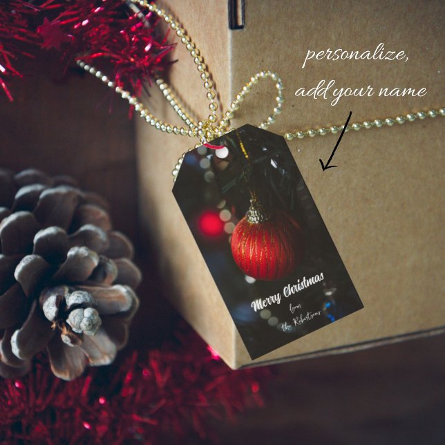 Mörk glamorröd julbabbel och trädgårdsmark presentetikett (Skapare uppladdad)