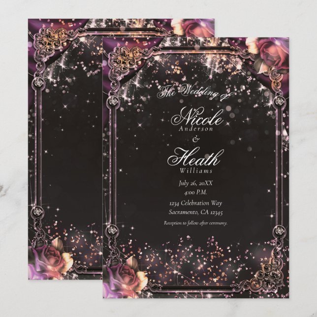Mörk Glitter Gnistrande Glam Ljus Blommig Bröllop Inbjudningar (Fram/baksida)
