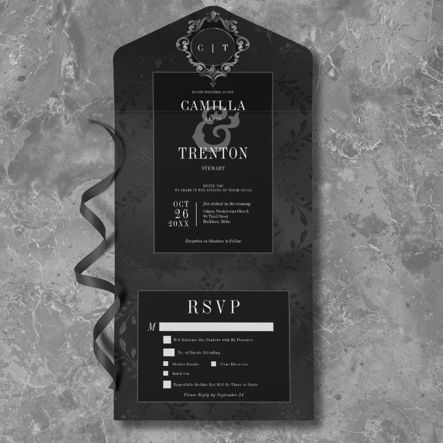 Mörk Gotham Black & Black Blommigt Satin - ingen m (Dark Gothic Black & Black Floral Satin No Dinner All In One Invitation)