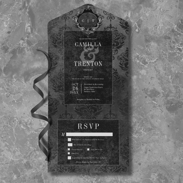 Mörk Gotham Black & Black Damask-middag (Dark Gothic Black & Black Damask Dinner All In One Invitation)