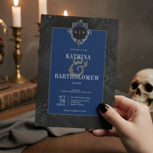 Mörk Gotham Black Blommigt Satin Damask Blue Bröll Inbjudningar
