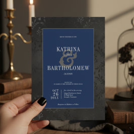 Mörk Gotham Black Blommigt Satin Damask Blue Bröll Inbjudningar