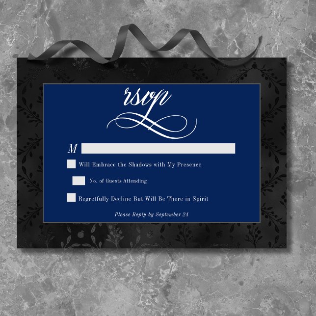 Mörk Gotham Black Blommigt Satin Damask Blue Bröll OSA Kort (Dark Gothic Black Floral Satin Damask Blue Wedding RSVP Card)