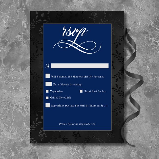 Mörk Gotham Black Blommigt Satin Damask Blue Bröll OSA Kort (Dark Gothic Black Floral Satin Damask Blue Wedding RSVP Card)