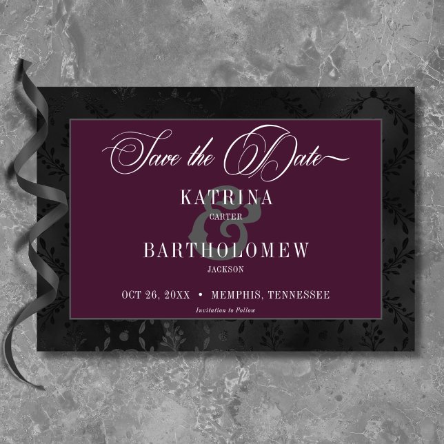 Mörk Gotham Black Blommigt Satin Damask Vin Bröllo Spara Datumet (Dark Gothic Black Floral Satin Damask Wine Wedding Save The Date)