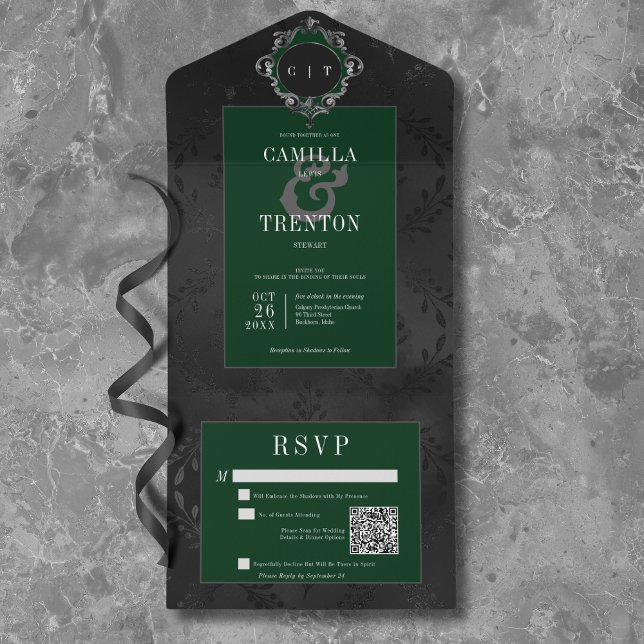 Mörk Gotham Black & Grönt Blommigt Satin QR-kod (Dark Gothic Black & Green Floral Satin QR Code All In One Invitation)