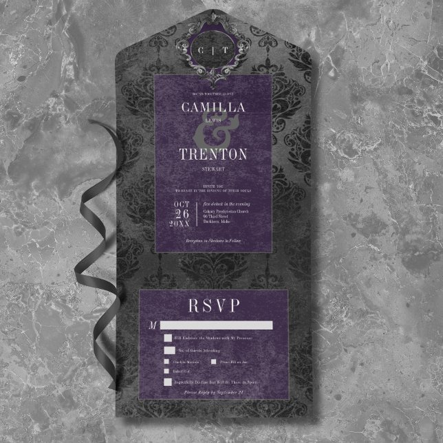 Mörk Gotham Black & Lila Damask Middag (Dark Gothic Black & Purple Damask Dinner All In One Invitation)