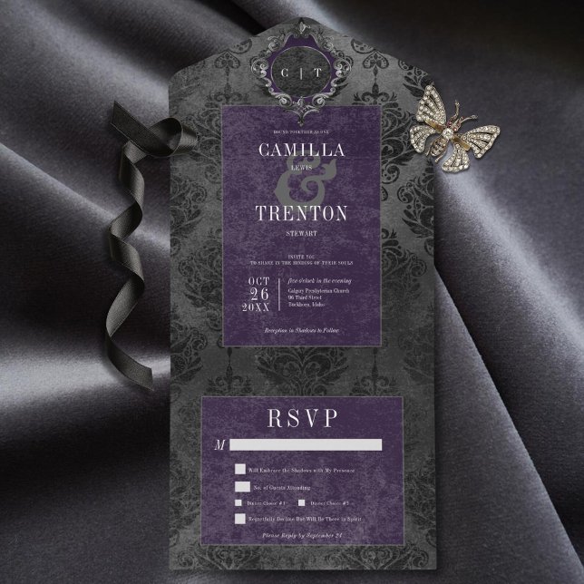 Mörk Gotham Black & Lila Damask Middag (Also available with a QR code or without dinner selection options.)