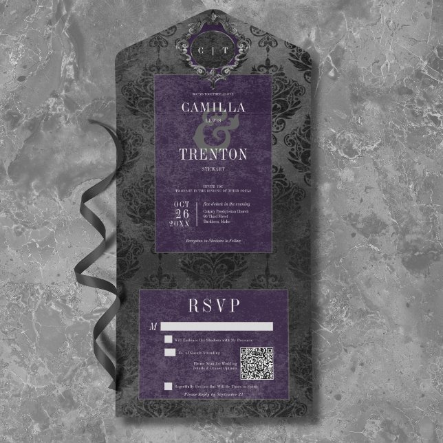 Mörk Gotham Black & Lila Damask QR-kod (Dark Gothic Black & Purple Damask QR Code All In One Invitation)
