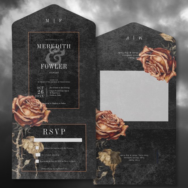 Mörk Gotham Black & Rust Ro, ingen middag (Dark Gothic Black & Rust Rose All In One Wedding Invitation without Dinner Options)