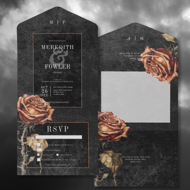 Mörk Gotham Black & Rust Ro Middag (Dark Gothic Black & Rust Rose All In One Wedding Invitation with Dinner Options)