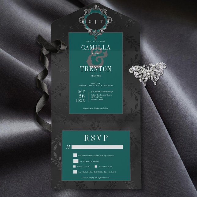 Mörk Gotham Black & Teal Blommigt Satin Middag (Also available with a QR code or without dinner selection options.)